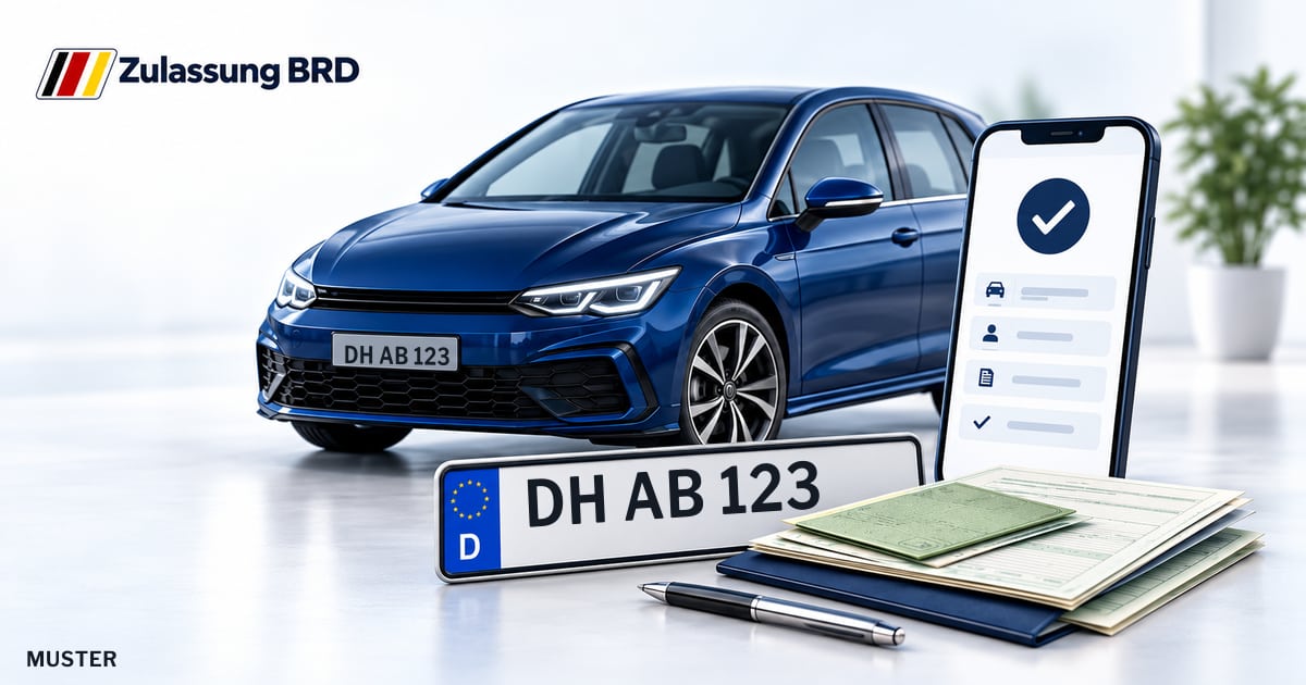 Online Fahrzeugzulassung in Stuhr: Musterkennzeichen DH AB 123, Auto und Fahrzeugpapiere und Smartphone. Illustration mit Logo von Zulassung BRD.